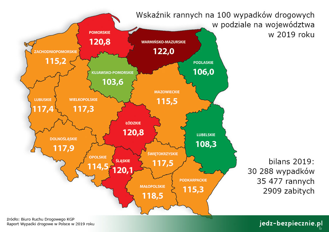 Statystyki - Odsetek rannych na 100 wypadków drogowych w podziale województwa Polski