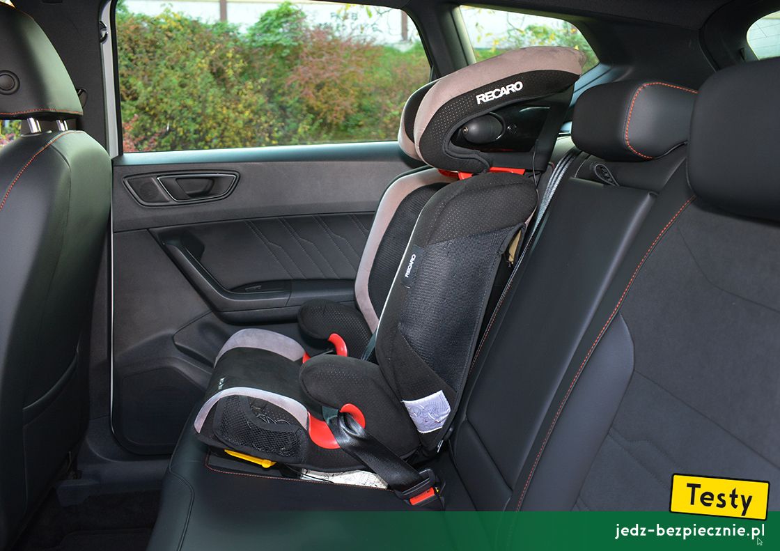Testy - SEAT Ateca 4Drive facelifting - montaż na kanapie fotelika dziecięcego, grupa 2-3, Isofix, pas bezpieczeństwa, Recaro, przodem do kierunku jazdy