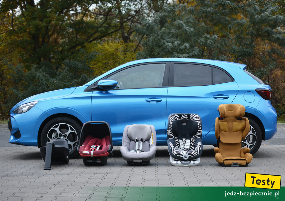 Testy - MG3 Hybrid+ - próby z montażem fotelików samochodowych dla dzieci, pas bezpieczeństwa, Isofix, i-size, top-tether, tyłem, przodem, do kierunku jazdy