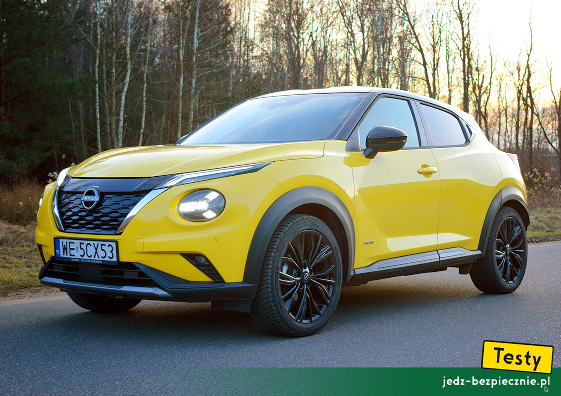 TESTY | Nissan Juke II full hybrid facelifting | przód auta z napędem pełnej hybrydy w kolorze żółtym Iconic